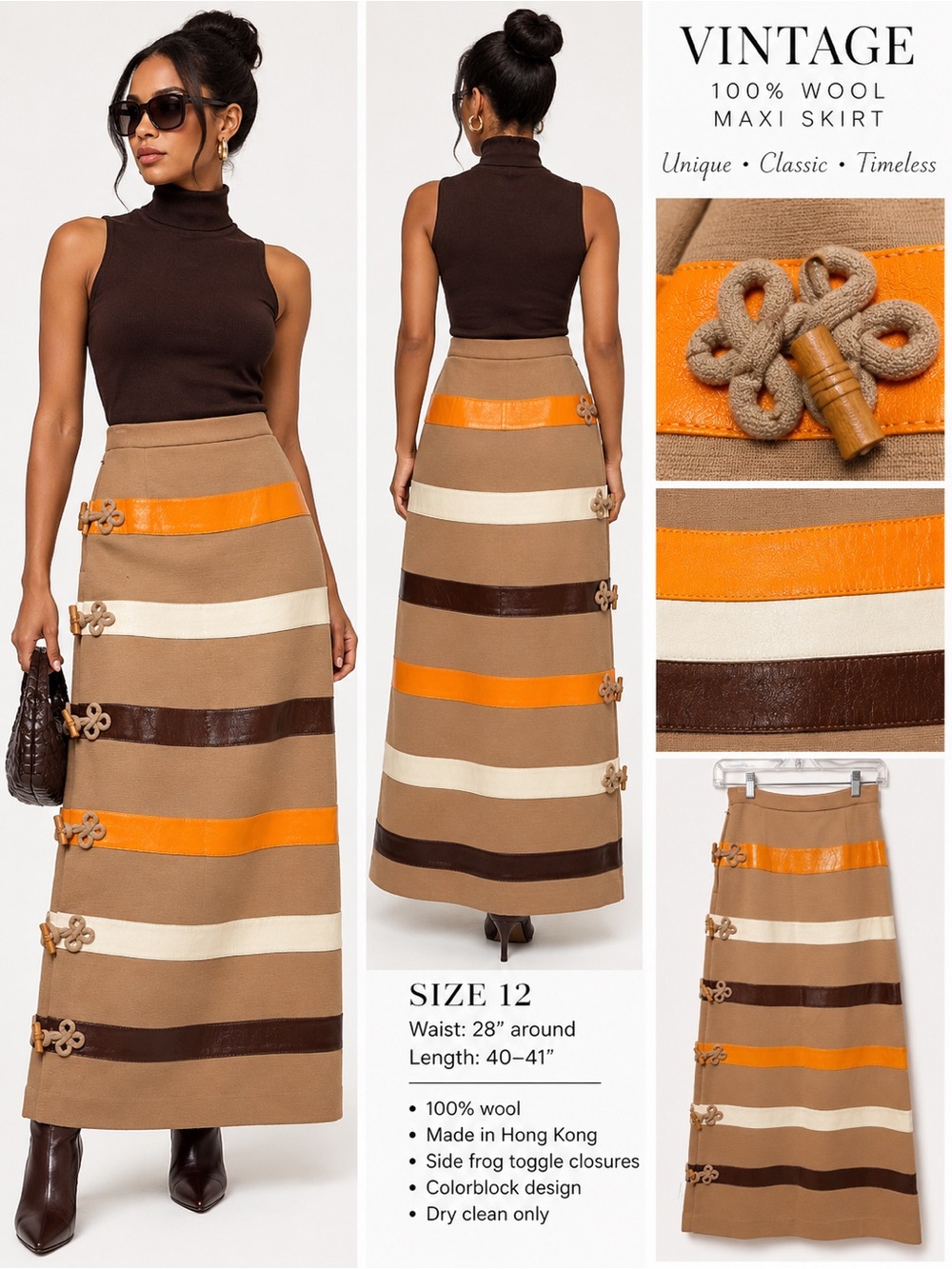 Title: Vintage 70s 100% Wool Maxi Skirt Frog Toggle Colorblock Size 12